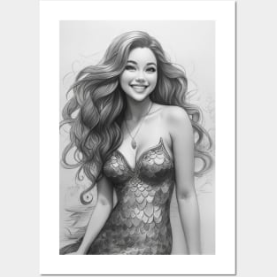 Black and White Mermaid Beauty Posters and Art